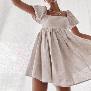 Lässige Kleider Vintage Kurzes Kleid Sommer Frauen Puffärmel A-Linie Hohe Taille Quadratischer Kragen Leinen Damen Khaki 2022