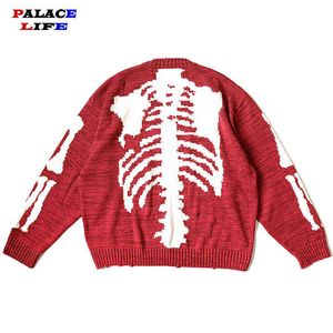 Suéter homens hip hop streetwear harajuku japonês estilo esqueleto óssea estampa de malha solta suéter algodão pulôver de-pescoço tops t220730