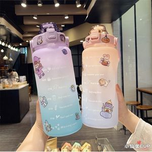 2 Liter Large Capacity Free Motivational With Time Marker Fitness Jugs Gradient Color Plastic Water Bottle Frosted Stickers Cup 220307