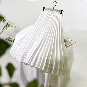 Women A-Line Spring Pleated Skirt Elegant Stretch High Waist Long Femme Faldas Jupe Saia White s 220401