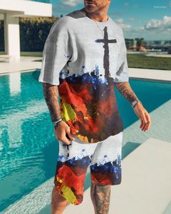 Męskie dresy letnie męski druk krzyżowy Casual Men Sets Krótkie stroje T -koszulki szorty męski zestaw dresowy odzież 2 sztuki wułyżycy