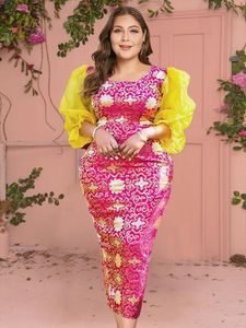 Plus Size Dresses Print Bodycon Dress For Women See Through Puff Sleeves Patchwork Spring Elegant Pencil Fashion Party Evening Gown 2022