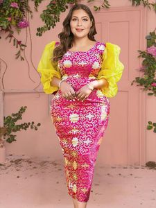 Plus Size Kleider Print, figurbetontes Kleid für Frauen, durchsichtig, Puffärmel, Patchwork, Frühling, elegantes Bleistift-Mode-Party-Abendkleid 2022