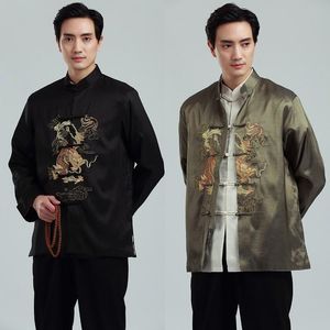Herrenjacken Männliche Satin -Outwear Chinesische Stickerei Stickerei Dragon Jacke Herren Doppelte Mantel Chaquetas Hombremens Männer Männer