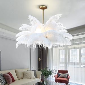 Pendant Lamps Modern White Feather Chandelier for the Children's Room Art Design Girl Bedroom Round G9 Copper Hanging Light Fixture