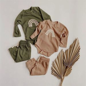 Baby Outfits Solid Set Kläder Spädbarn Småbarn Born Girls Spring Autumn Baby Girl Boy Long Sleeve Romper Pants 0-24m 220509