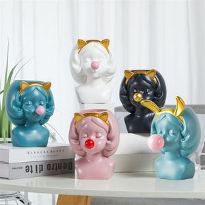 Nordic Style Resin Vase Cute Girl Bubble Gum Figurine Decorative Succulent Plant Flower Pot Modern Home Decor Pen Holder Small 220423