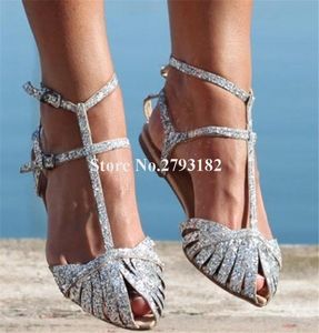 Dress Shoes Shining Sequined Flat Sandals Summer Est Peep Toe Silver Glitters Straps T-straps Bling Wedding ShoesDress