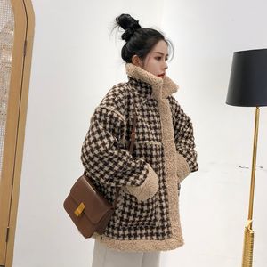 Houndstooth Revestimento grosso Faux Fur Outono e Inverno 2022 Novo solto de mangas compridas retro bf estilo casaco de motor