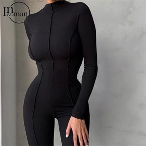 Inwoman Fall Bright Line Decoration Black Jumpsuit Women Sexy Club Outfit For Women Long Sleeve White Bodycon Jumpsuit 220801