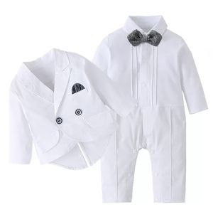 Bebek çocukları beyefendi setler erkekler yaka çift göğüslü uzun kollu kuyruklar blazers dış giyim yayları kravat Romper 2022 Sonbahar Bebek 1. Doğum Günü kıyafetleri