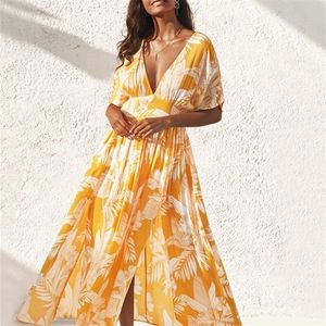 Мисс Петлал Желтый цветочный V-образный выстрел Макси платье для женщины сексуальное боковое сплит с коротким рукавом пляжное платье летнее солнце