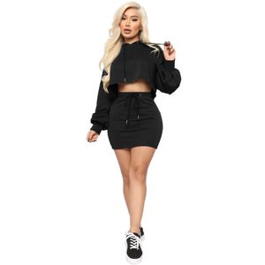 Women Dress Two Pieces Set Nightclub Sexy Solid Colour tracksuits Bat Lantern Sleeve Hooded Sweater And Skirt Show Waist Bandage Ladies Spor