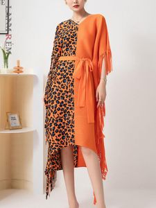 Casual Dresses Leopard Print Color Block Pleated Dress Loose V-neck Tassels Irregular Fashion Belt 2022 Summer Autumn 2R3737Casual