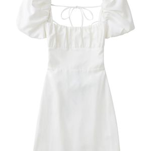 TRAF White Dress Woman Short Puff Sleeve Mini Lady Summer Backless es Ladies Ruched Strappy Linen 220613