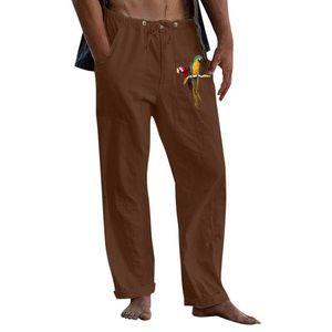 Men's Pants Male Casual Parrot Printed Trouser Full Length Button Pocket Drawstring Pant Brown PantsMen's