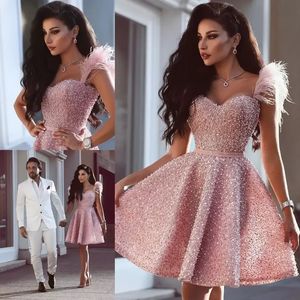 2022 Elegant Pink Short Party Cocktail Dresses A Line Sweetheart Spaghetti Sequins Beads Mini Short Homecoming Prom Gowns CPS3002