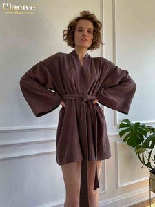 Mini vestido marrom casual casual mini-vestido de outono de renda de outono vestido de manga comprida vestidos de algodão elegante para mulheres 2022 T220804
