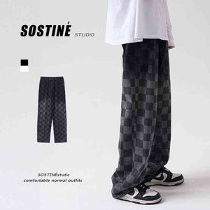 Japonia styl vintage kratowy hip hop dżinsowe spodnie jesień nowi mężczyźni dżinsy męskie luźne streetwear workowate kowbojskie spodnie J220629