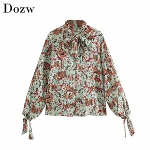 Laço elegante gravata mulheres floral impressão tops outono primavera de manga comprida blusa senhoras camisa moda trabalho desgaste túnica tops blusas 210414