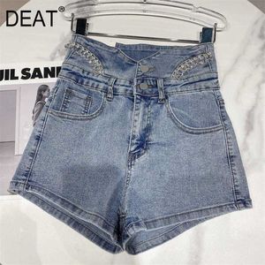 DEAT Spring Arrivals High Waist Chain Blue Denim Short Streetwear ML518 210709