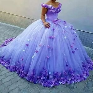 Lilac Puffy Ball Gowns Quinceanera Dresses Cinderalla Off Shoulder 3D Flowers Cospllay Formal Prom Dress Sweet 16 Dress Masquerade BC4638