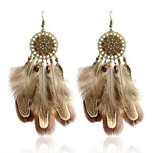 Dangle & Chandelier Vinatge Feather Drop Earrings Fashion Bohemia Ethnic Brown Alloy Beads Dangles For Women Jewelry Winter Gift