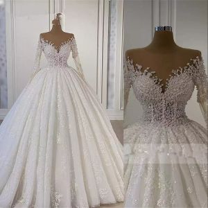 2023 Bling Luxury A Line Abiti da sposa Abiti da sposa Pizzo Gioiello Collo Maniche lunghe Illusione Perline di cristallo Lunghezza del pavimento Vestidos De Novia Plus Size