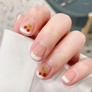 False Nails 24PCS Short Press On With Cherry Print Full Finished Korean Style Stick Finger Nail Art Patch Detachable Tip Prud22