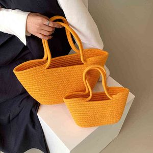 Cotton Rope Weave Basket Bag Women Candy Color Big Tote Summer Beach Bucket Bag Ladies Fahsion Handbags Shopper Shoulder Bags G220531