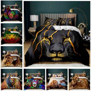 Lejon sängkläder djur täcke täcke set queen king size lightning mönster composter 1 head 2 kuddväskor