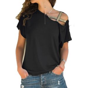 S-5XL TOPS女性ゆがむ首の不規則なクリスクロスブラウスパッチワークソリッドトップスブルサフェムワンショルダーサマーシャツホロープラスサイズ