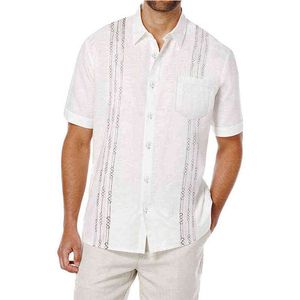 Мужские рубашки на гуабера повседневная пуговица с коротким рукавом льняной хлопковой кубинский лагерь пляжный вышиваем