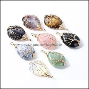 Arti e mestieri Regali artistici Casa Giardino Guarigione Cristallo Pietra naturale Waterdrop Charms Spago Albero della vita Filo d'oro Avvolgere Pe Dhwf4