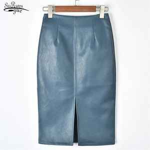 Winter Korean PU Leather Skirt High Waist Straight Midi s Sexy Women Plus Size Solid Split s 10091 220401