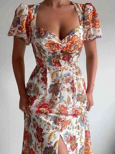 Verão feminino estampa floral vestido midi vestido elegante e decote em vasto buff lateral vestidos laterais femininos 2022 Lady Beach Holiday Dress T220826