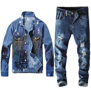 Four Seasons Men's Tracksuits Spring Autumn Male Vintage Print Blue Denim Jacket Pants Two Piece Set Casual Coat Stretch J297m