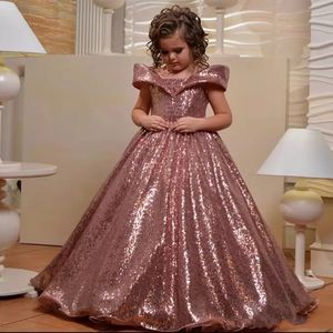 2022 Prinzessin Rose Gold Pailletten Blumenmädchenkleider für Hochzeit Schulterfrei Flügelärmel Erstkommunion Kleid Kinder Ballkleid Mädchen Festzug Kleider C0418