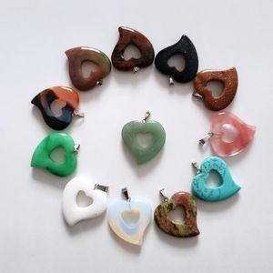 Pendant Necklaces Fashion Hollow Heart Mixed Natural Stones Charms Crystal Pendants For Jewelry Making 12pcs/lot WholesalePendant