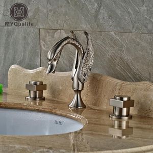 Luxury Double Square Handtag Badrum Kran Däck Mount Borstat Nickel Swan Wash Basin Mixer Kranar