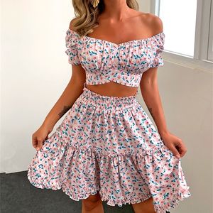 Two Piece Set Women Summer Bohemian Floral Skirts Set Off Shoulder Short Sleeve Crop Tops Aline Skirt 2Pcs Sets Female 220606