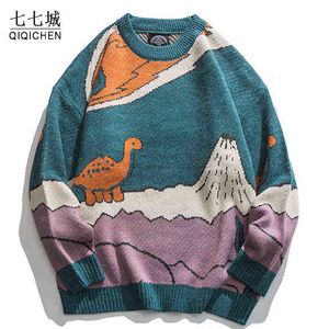Harajuku Cartoon Little Dinosaur вязаный свитер мужчины зимний свитер.