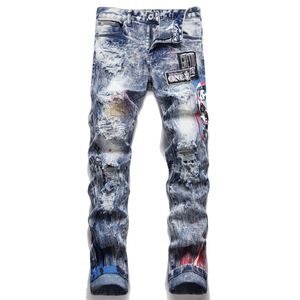 Hip Hop Jeans Männer Slim Fit Zerrissene Gedruckt Gerade Biker Denim Hosen Große Größe Tie Dye Blau Herren Hosen für Männer