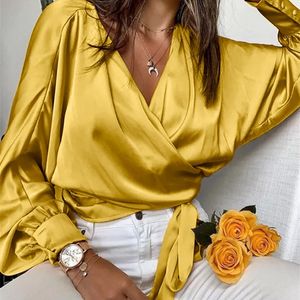 Celmia Fashion Women Satin Bluses Elegant Long Bat hylsa skjortor Summer Cross V Neck Bandage Midja HAUT STIL WRAP TOPS 220707
