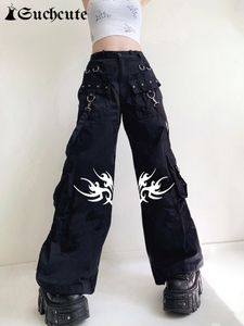 SUCHCUTE Gothic Bandage Women Wid Leg Pants Dark Academic Casual Trousers Korean Fashion Streetwear Punk Style Baggy 90s Clothes 220725