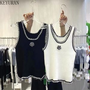 Spring Summer Knit Vest Women Corset Tops Camisole Floral Crew Neck Sleeveless Knitwear Tank Crop Top For 220719