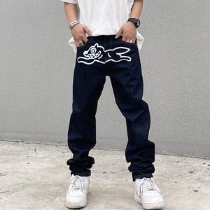 Mens Jeans High Street Men Flying Dog Print Straight Loose Casual Denim Pant Vintage Harajuku Washed Trousers Hip Hop Streetwear Male