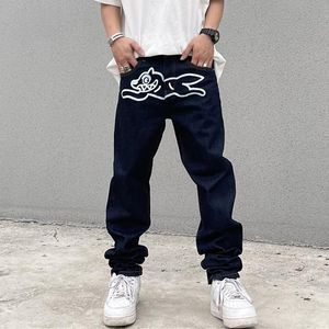 Jeans high street män flygande hund tryck rak löst casual denim byxa vintage harajuku tvättade byxor hip hop streetwear man