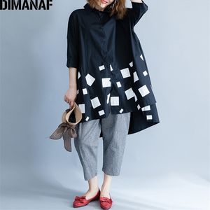 Dimanaf Women Blouse camisa de manga comprida Top de algodão outono femme senhora grande roupa solta estampa em cidos de plataforma plus size preto 210308