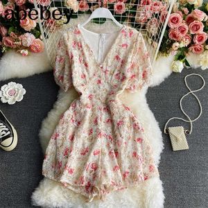 Französisch Frauen Chiffon Playsuit Floral Bedruckte Stickerei Sommer Strand Damen Strampler V-ausschnitt Voile Overalls Overalls 210715